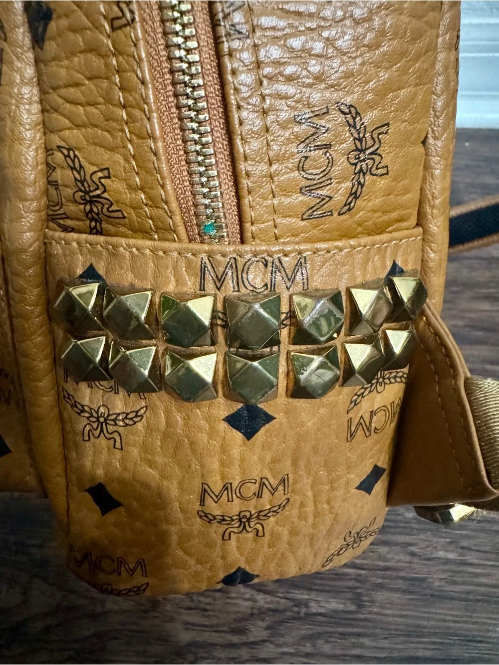 MCM Mini Stark Side Studs Backpack Visetos Cognac With Matching Wallet